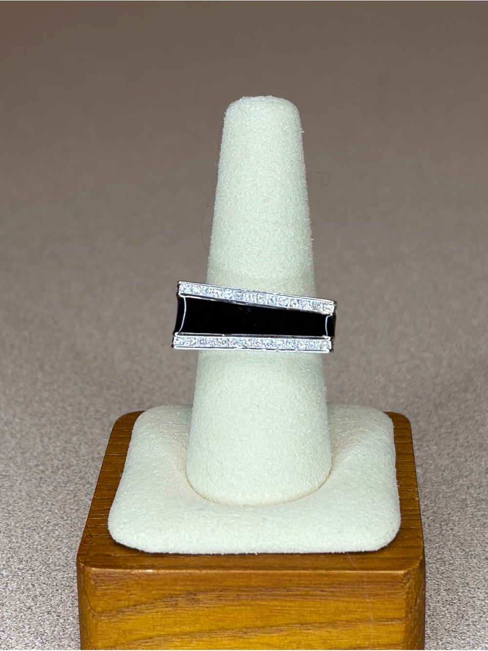 Camille Lucie Silver Black Enameled Bar Ring with Pavé Accents